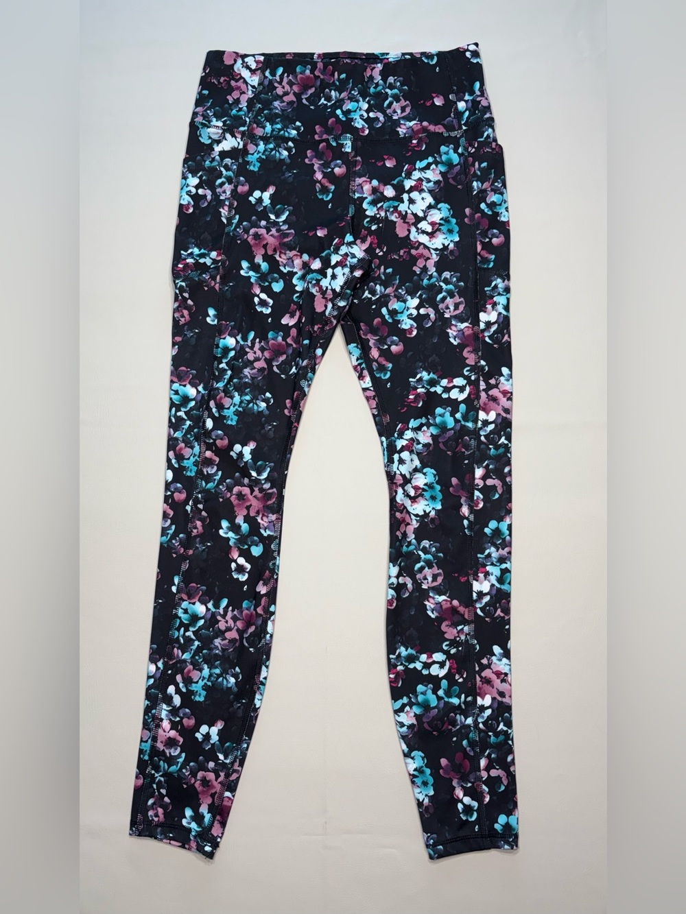 Avia Black Floral Active Leggings with Pink & Teal Accents